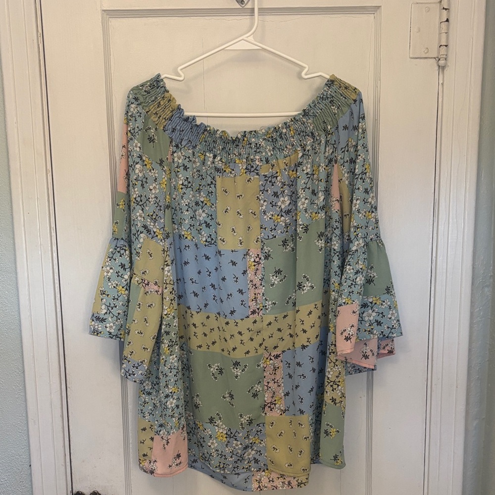 FSL Apparel Floral Patchwork Off-Shoulder Top